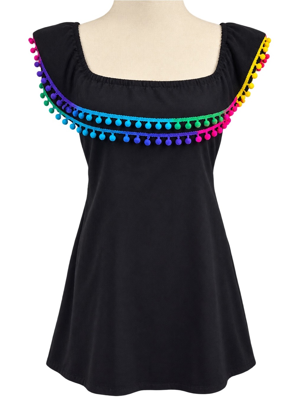 Women’s Black Pom-Pom Trim Square Neck Dress